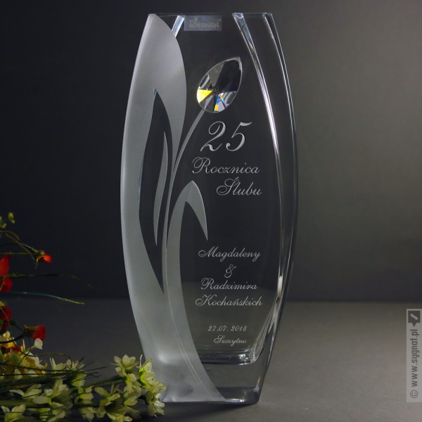 Diamond Tulip - grawerowany szklany wazon z kryształem Swarovskiego z personalizacją
