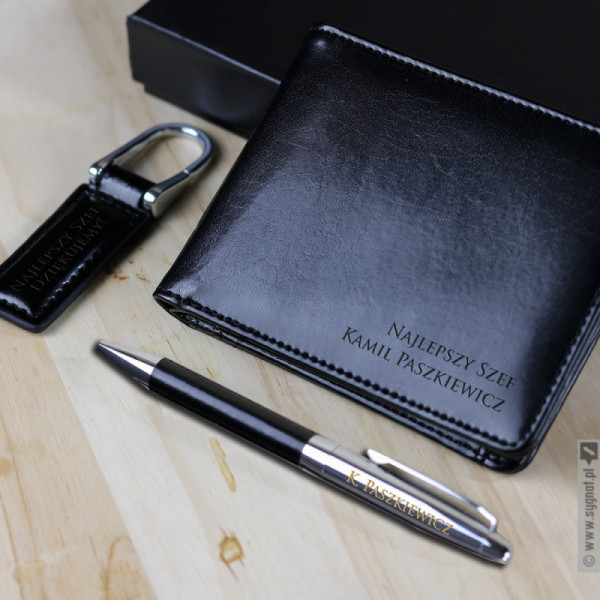 Grawerowany zestaw upominkowy portfel, długopis, brelok