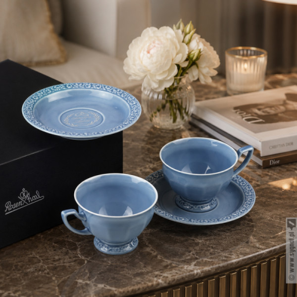 Państwo Młodzi - grawerowany zestaw kawowy Rosenthal Maria en Vogue Blue z personalizacją na Ślub