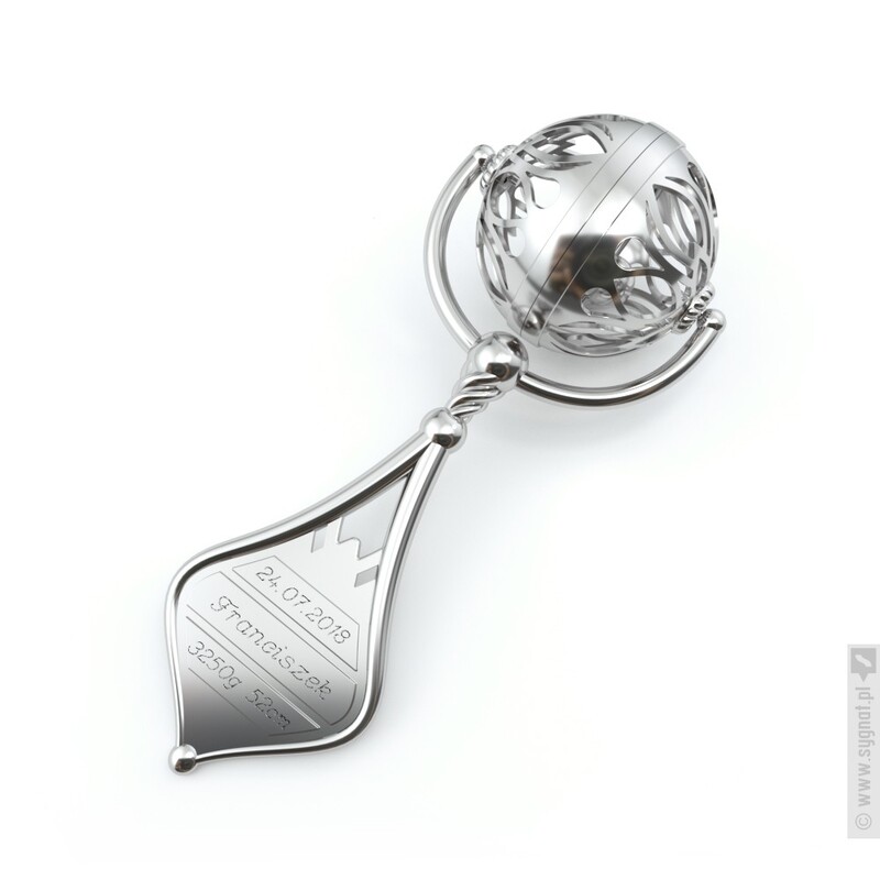 Zdjęcie produktu Metryczka na Chrzest - grawerowana grzechotka ze srebra / pozłacana
